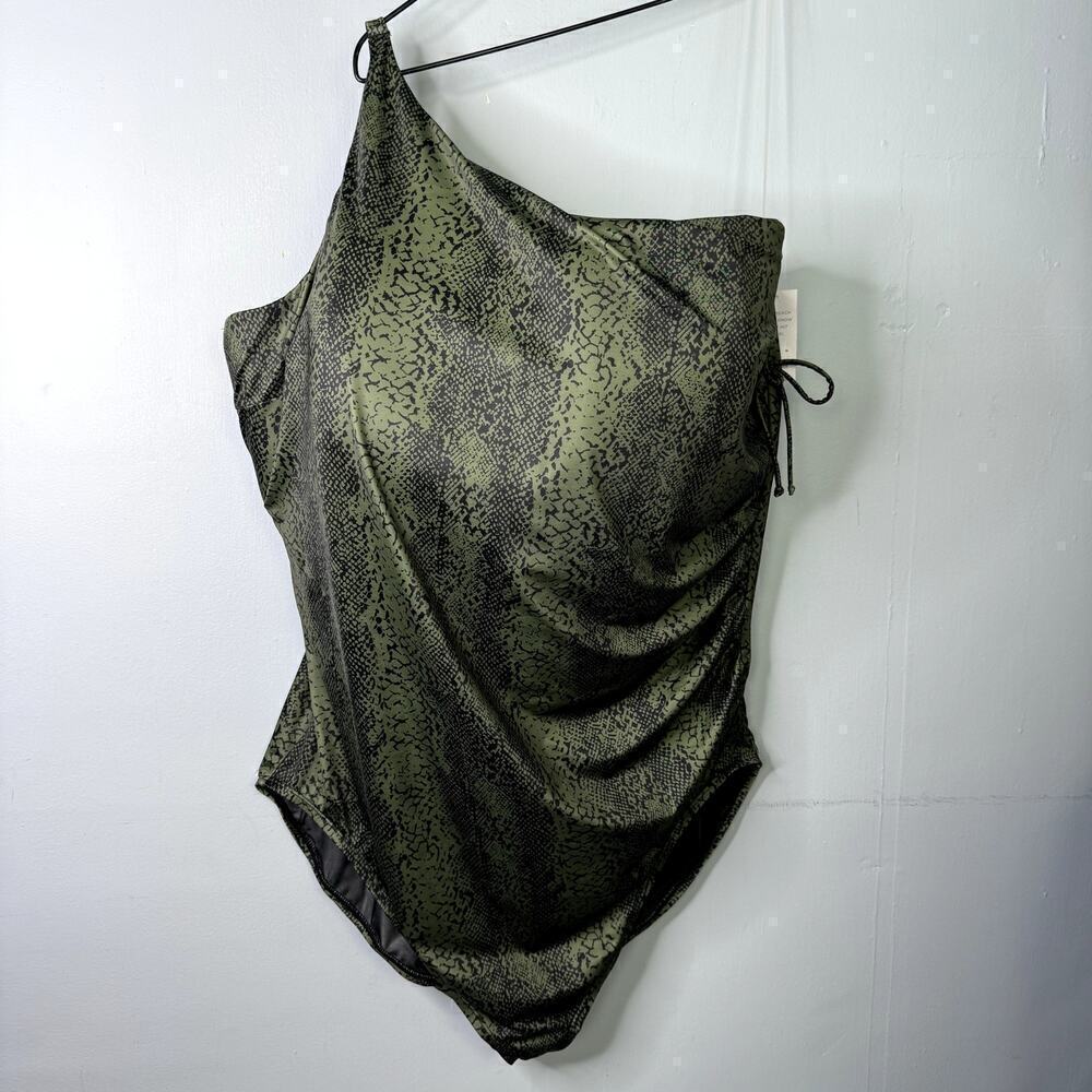 Cacique One Shoulder Lightly Lined One Piece Swimsuit Green Snake Print Size 36